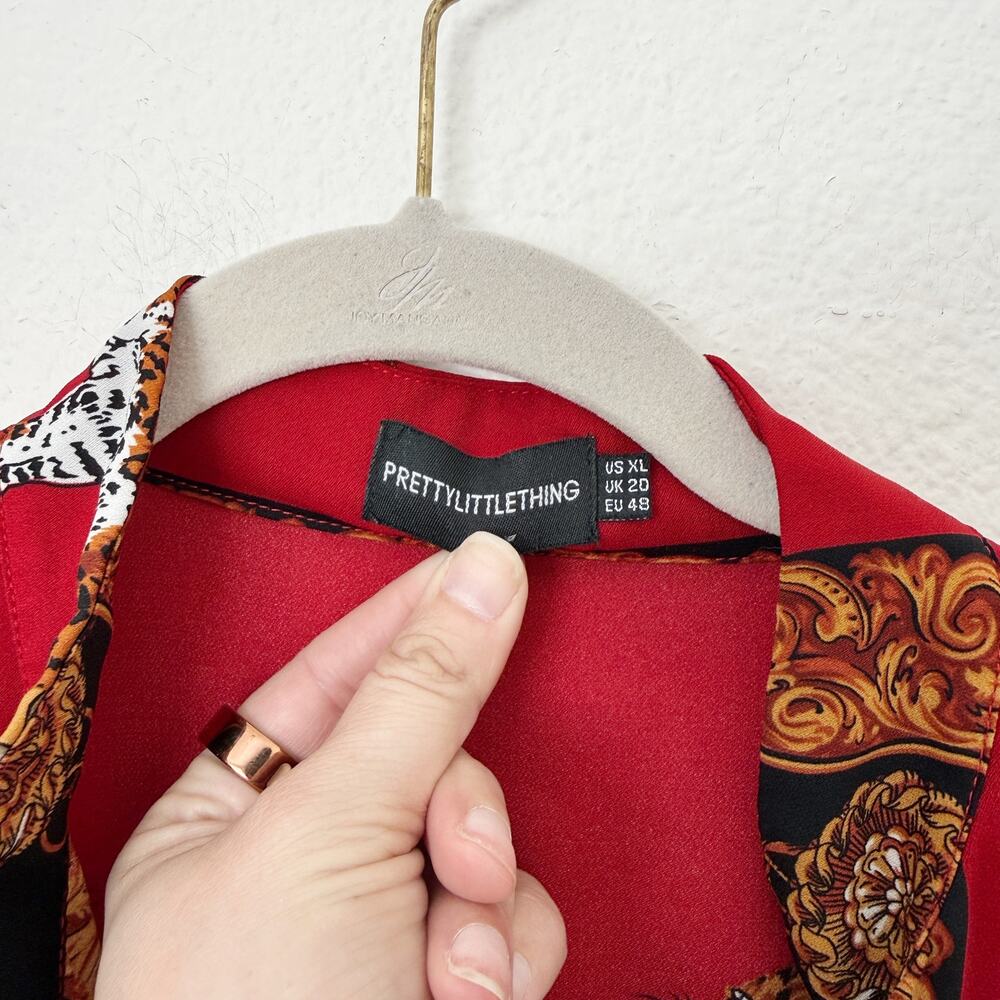 [PrettyLittleThing] Red Baroque Scarf Print Oversized Button Down Shirt Size XL - Picture 9 of 10